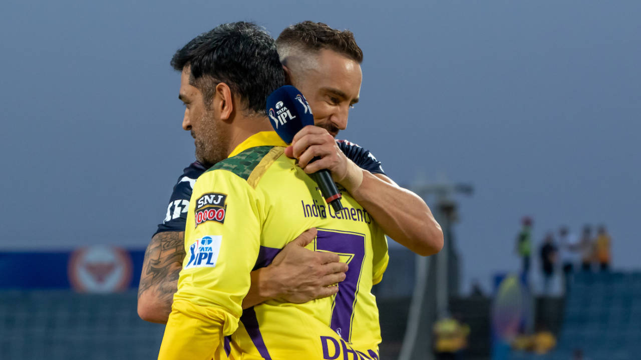 Former team-mates, MS Dhoni and Faf du Plessis, greet each other at the toss, Chennai Super Kings vs Royal Challengers Bangalore, IPL 2022, Pune, May 4, 2022