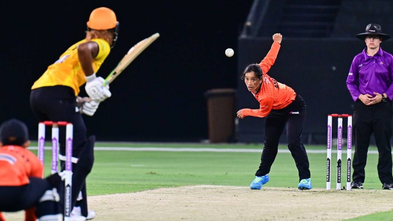 Anju Gurung of Bhutan bowls to Hayley Matthews, Warriors vs Falcons, FairBreak Invitational Tournament 2022, Dubai, May 04, 2022