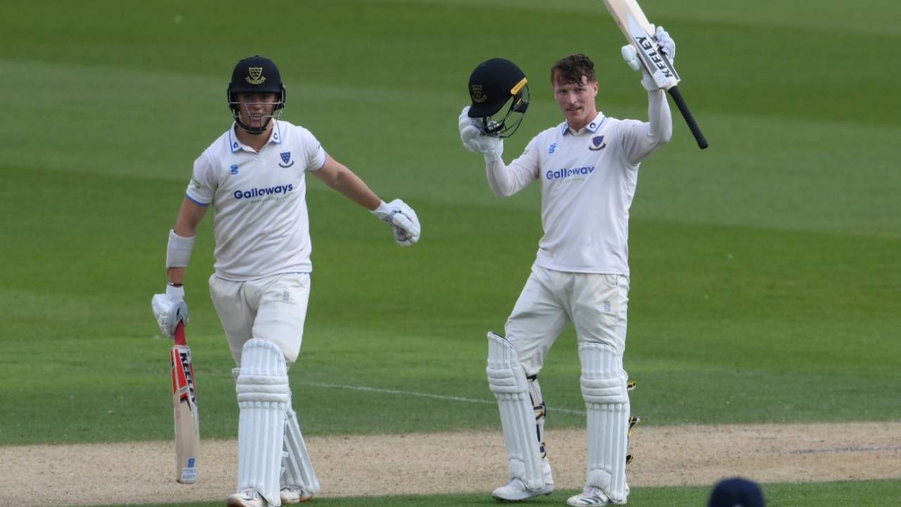 Tom Alsop celebrates reaching his century with batting partner Ali Orr, LV= Insurance County Championship, Division Two, Sussex vs Middlesex, Hove, May 5, 2022