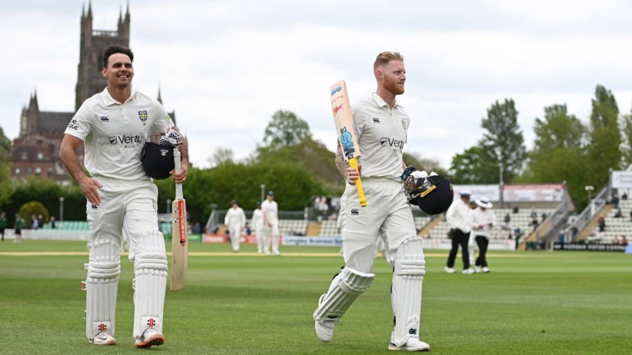 Ben Stokes and David Bedingham leave the field at lunch after a remarkable morning session, Worcestershire vs Durham, LV= Insurance Championship, Division Two, New Road, 2nd day, May 6, 2022