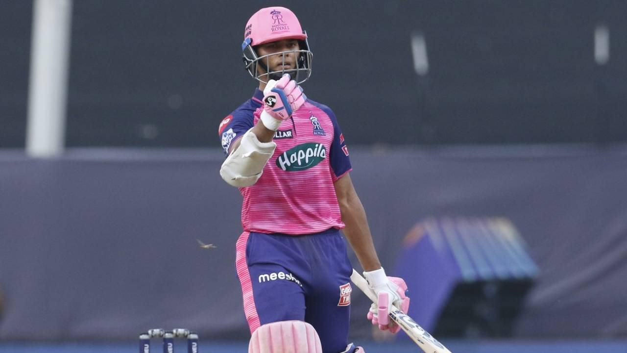 Yashasvi Jaiswal punches the air in delight after reaching his fifty off 33 balls, Punjab Kings vs Rajasthan Royals, IPL 2022, Wankhede Stadium, Mumbai, May 7, 2022
