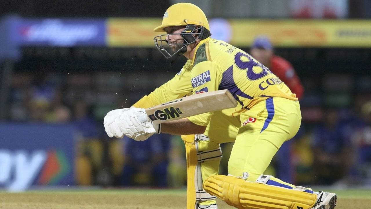 Devon Conway brings out the reverse sweep during the course of his innings, Chennai Super Kings vs Delhi Capitals, IPL 2022, DY Patil, Navi Mumbai, May 8, 2022