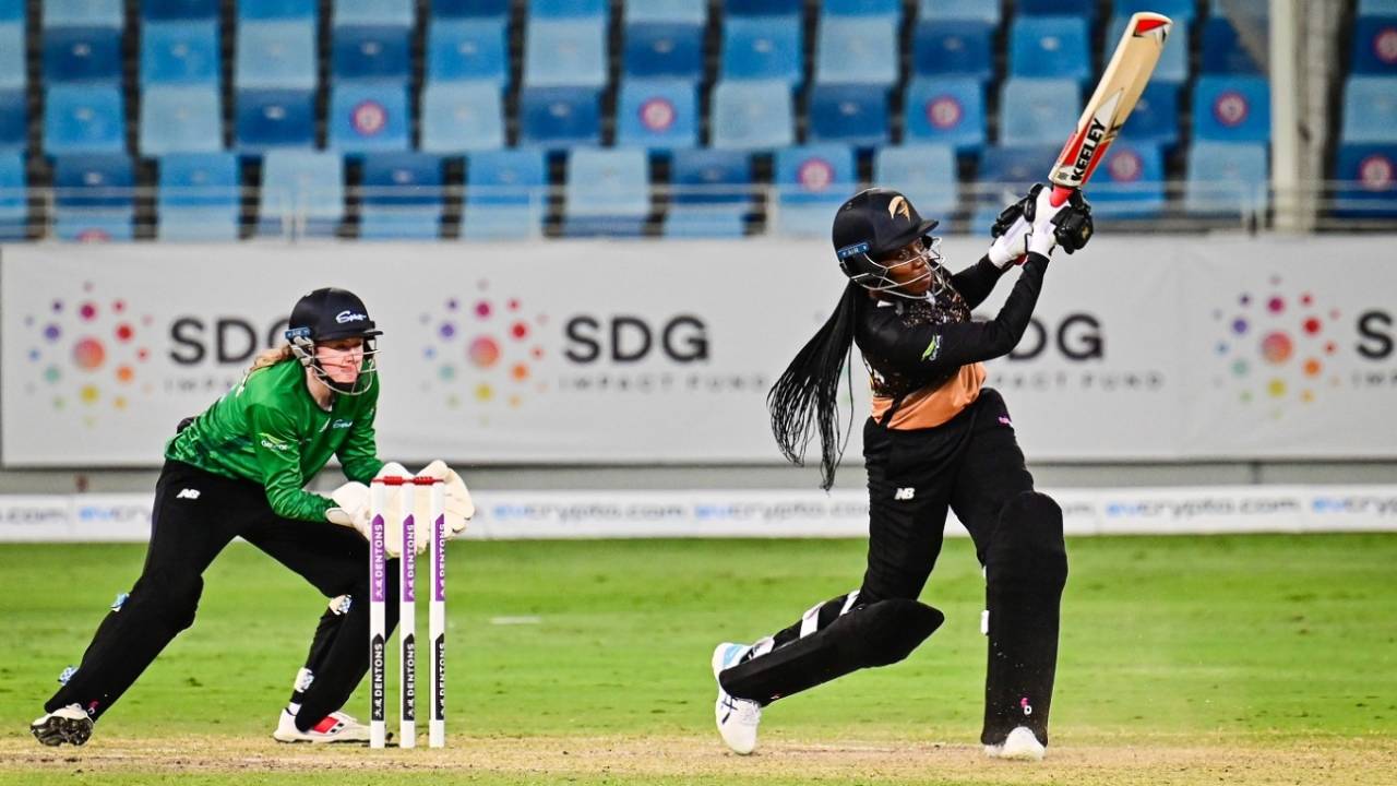 Mary-Anne Musonda hits one over the bowler's head, Tornadoes vs Spirit, FairBreak Invitational Tournament 2022, May 11, 2022
