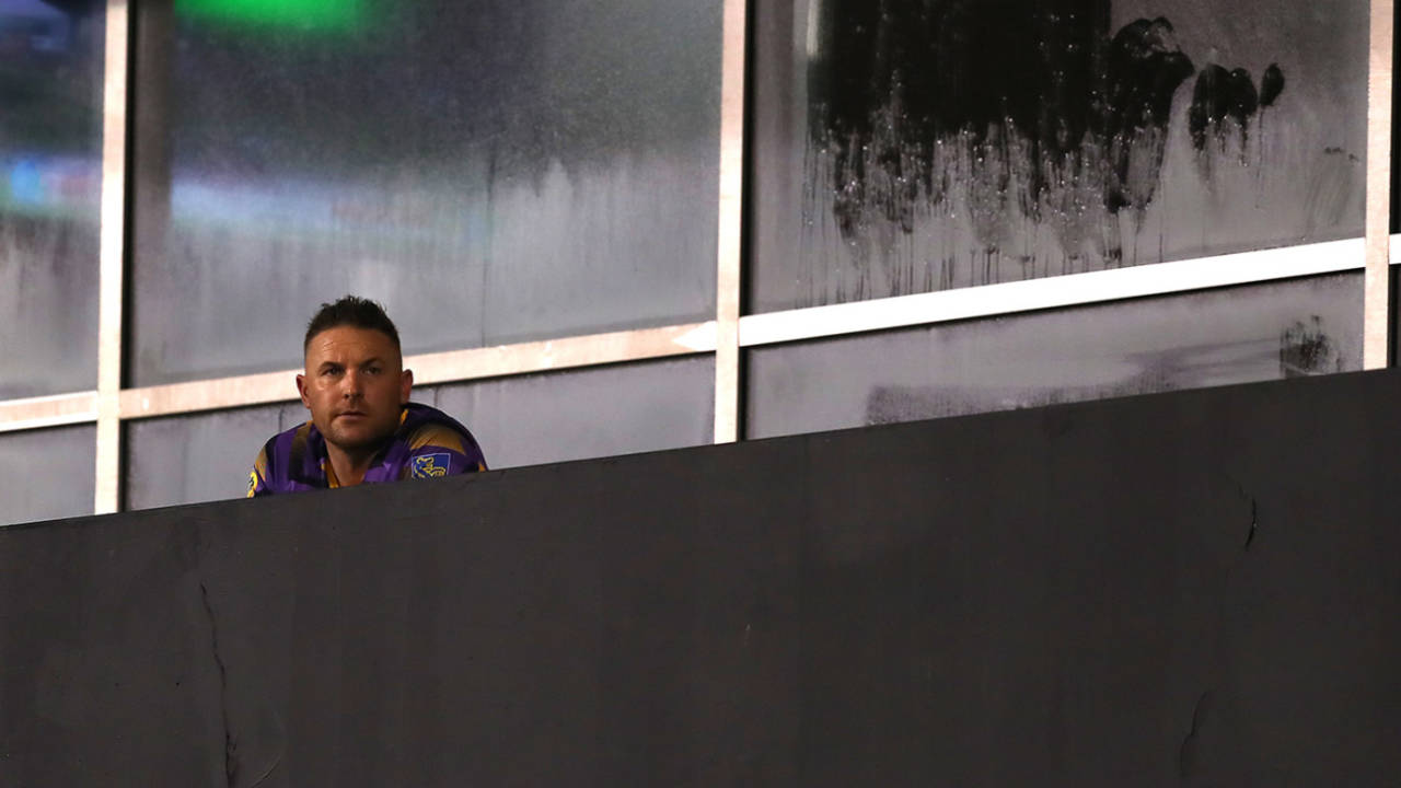 Brendon McCullum looks on during a CPL game, Barbados Tridents v Trinbago Knight Riders, 2nd qualifying final, Caribbean Premier League, Tarouba, October 10, 2019