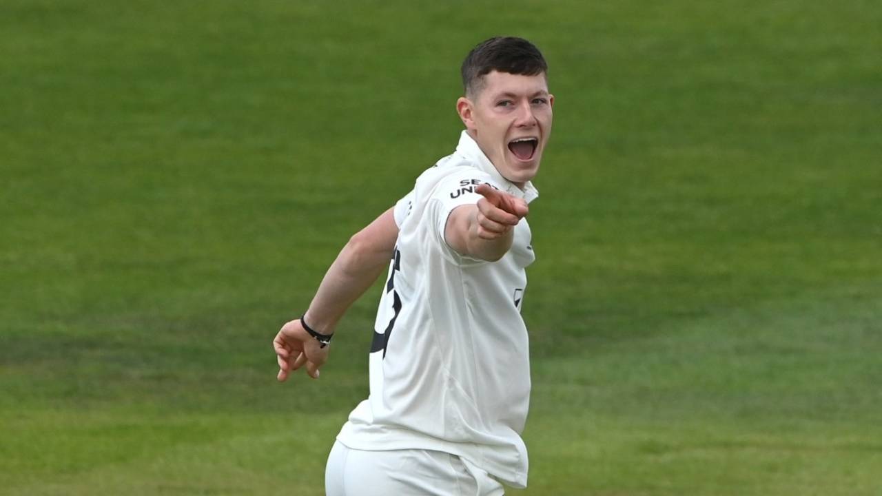 Matthew Potts celebrates after taking a wicket, LV= Insurance County Championship, Division Two, Durham vs Glamorgan, The Riverside, May 13, 2022