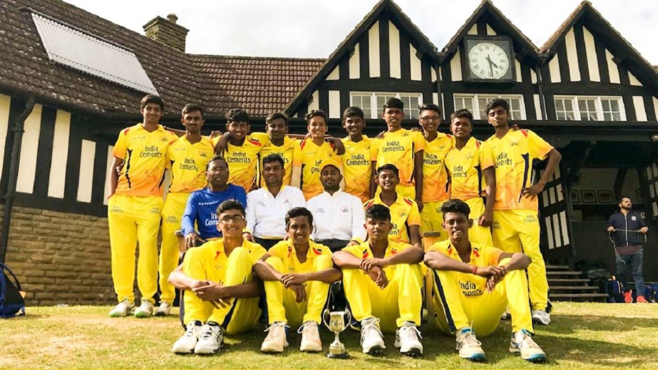 The Junior Chennai Super Kings team during their tour of Yorkshire in 2018. Mentor Ambati Rayudu is seated, second from right. S Sharath is third from right