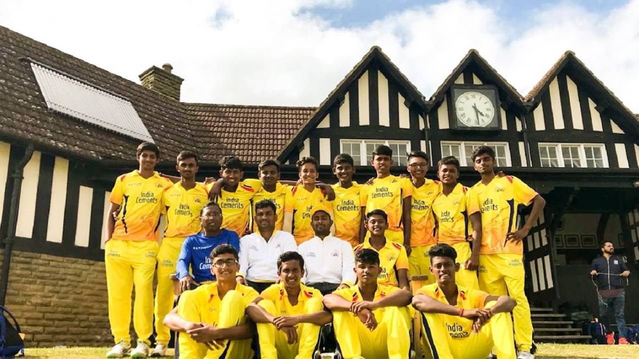 The Junior Chennai Super Kings team during their tour of Yorkshire in 2018. Mentor Ambati Rayudu is seated, second from right. S Sharath is third from right