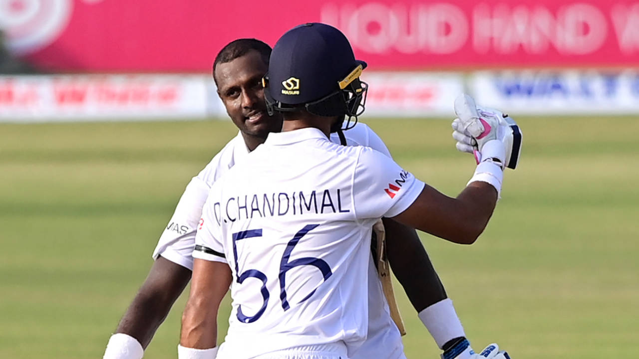 Angelo Mathews celebrates with Dinesh Chandimal after reaching his century, Bangladesh vs Sri Lanka, 1st Test, Chattogram, 1st day, May 15, 2022