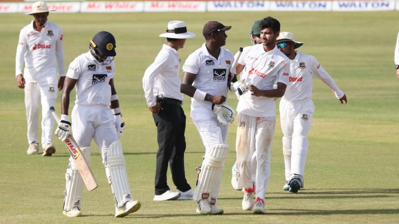 Nayeem Hasan walks up to Angelo Mathews after dismissing him on 199 for his sixth wicket, Bangladesh vs Sri Lanka, 1st Test, Chattogram, 2nd day, May 16, 2022