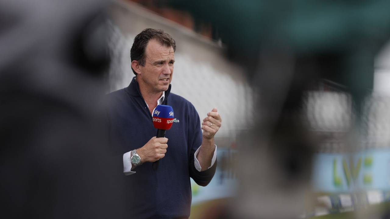 Tom Harrison, the ECB chief executive, speaks to Sky TV after the match was called off due to a Covid outbreak in the Indian squad, England vs India, fifth Test, day one, Old Trafford, September 10, 2021