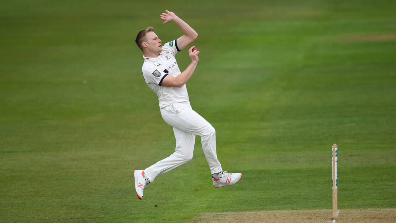 Matthew Waite, seen in his bowling action, produced a maiden first-clas century from No.8&nbsp;&nbsp;&bull;&nbsp;&nbsp;Getty Images