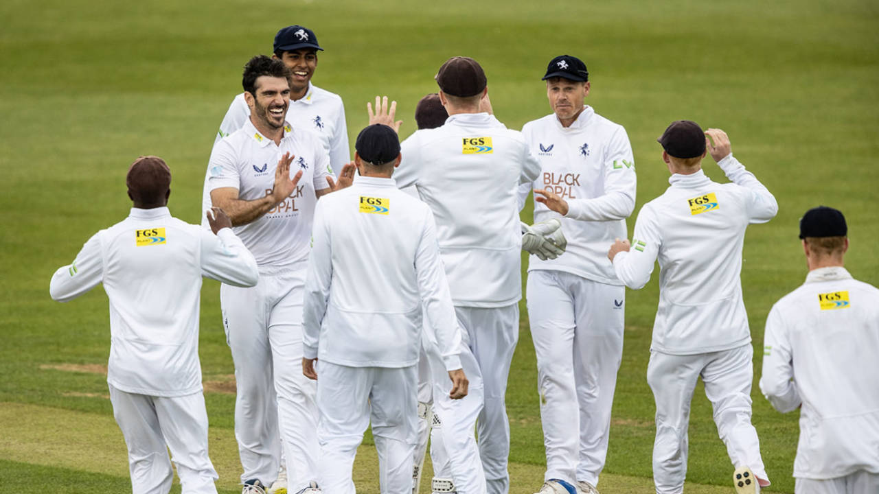 Grant Stewart celebrates a wicket with team-mates, LV= Insurance County Championship, Division One, Northamptonshire vs Kent, Northampton, May 20, 2022