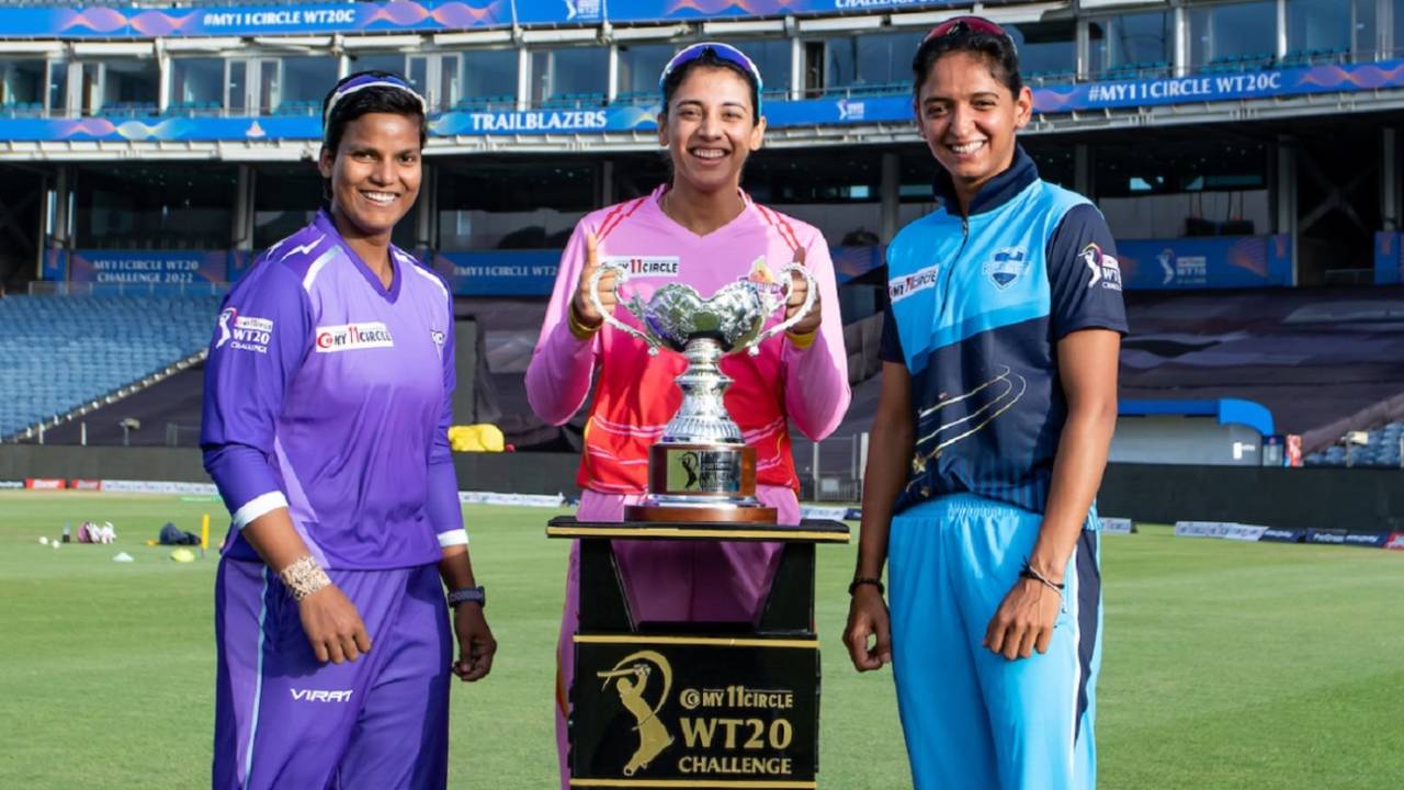 The three captains, Smriti Mandhana, Deepti Sharma and Harmanpreet Kaur pose with the trophy, Women's T20 Challenge 2022, Pune, May 22, 2022