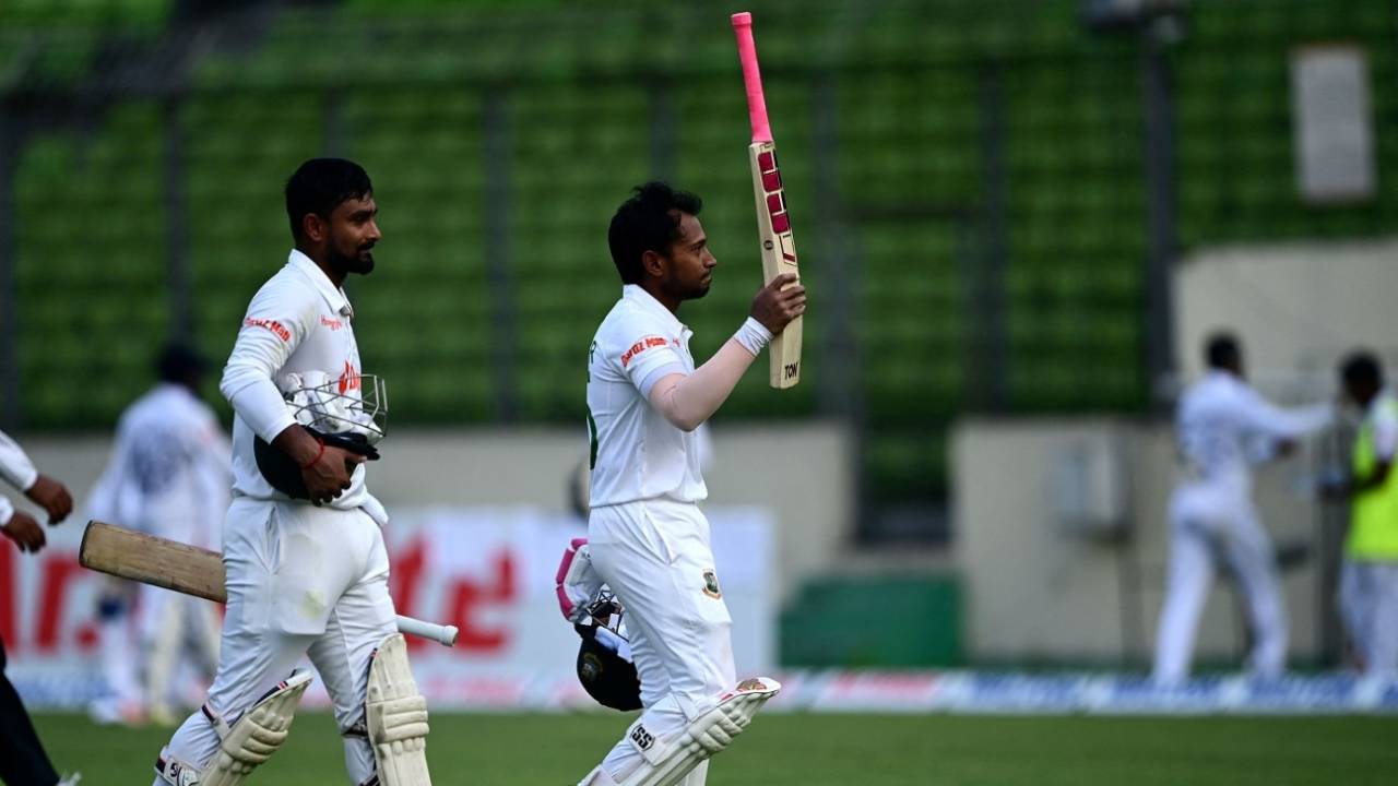 Litton Das and Mushfiqur Rahim walk back after an undefeated 253-run stand, Bangladesh vs Sri Lanka, 2nd Test, Dhaka, 1st day, May 23, 2022