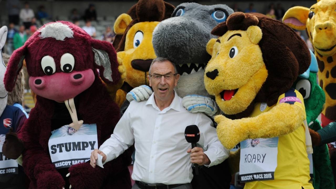 David Lloyd with the runners and riders in the T20 Finals Day mascot race at Edgbaston&nbsp;&nbsp;&bull;&nbsp;&nbsp;Getty Images