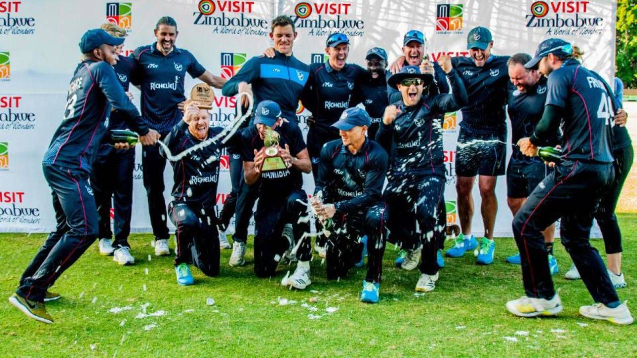 The Namibia players have reason to celebrate after their famous win, Bulawayo, May 24, 2022