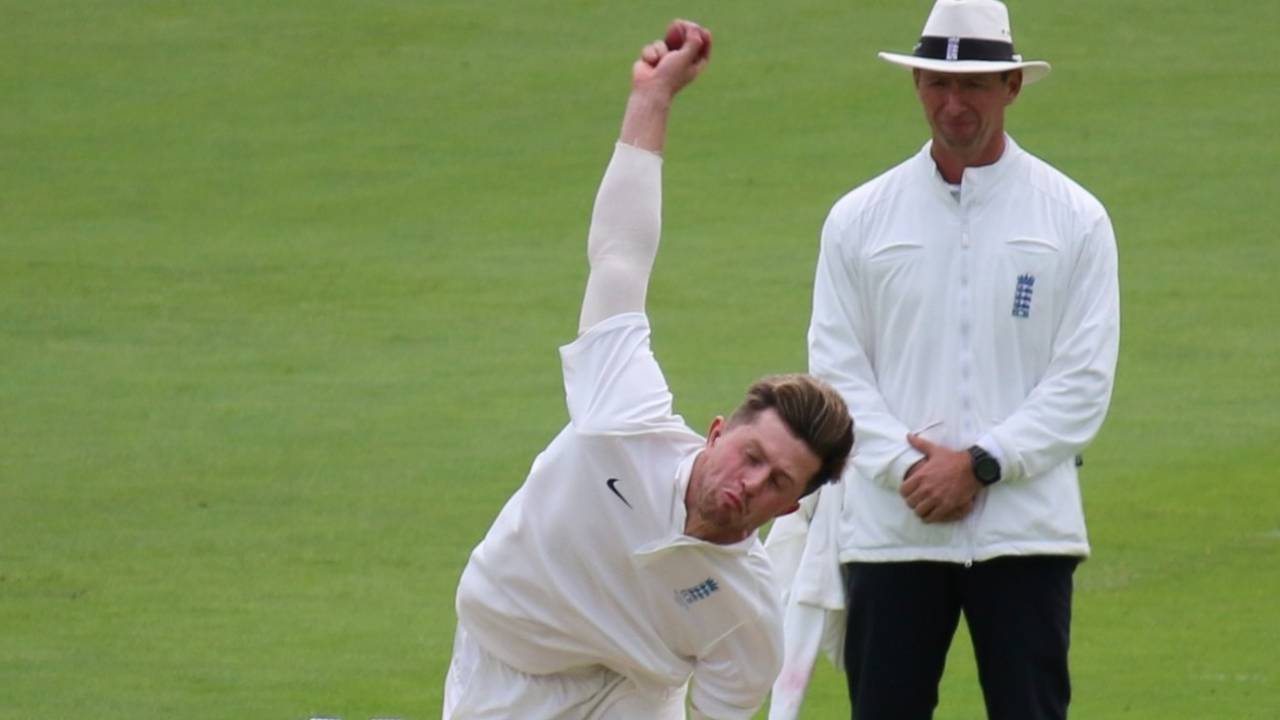 Jack Blatherwick bowls on the opening day of New Zealand's warm-up in Chelmsford, New Zealanders vs County Select XI, Chelmsford, May 26, 2022