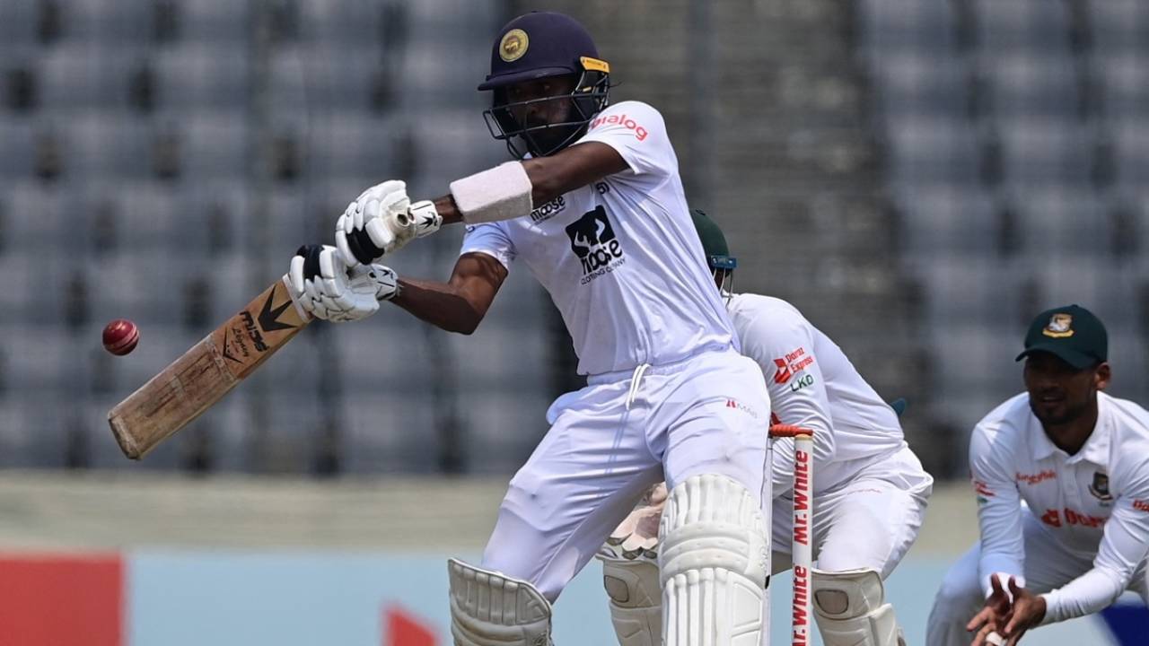 Oshada Fernando in action during the fourth innings, Bangladesh vs Sri Lanka, 2nd Test, Mirpur, 5th day, May 27, 2022