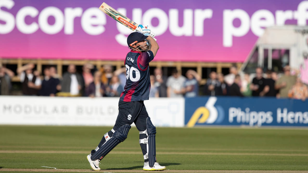 Chris Lynn hits out during a destructive opening stand, Northamptonshire vs Durham, Vitality Blast, North Group, Wantage Road, May 27, 2022