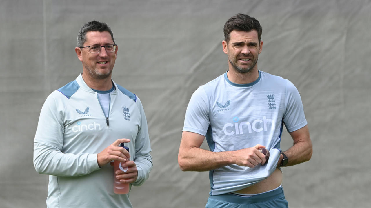 Jon Lewis watches on as James Anderson prepares to bowl, Lord's, May 29, 2022