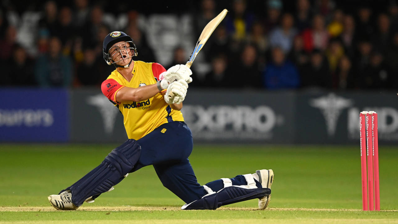 Michael Pepper launches one leg side during his 75 from 42 balls, Essex vs Hampshire, Vitality Blast, Chelmsford, May 31, 2022