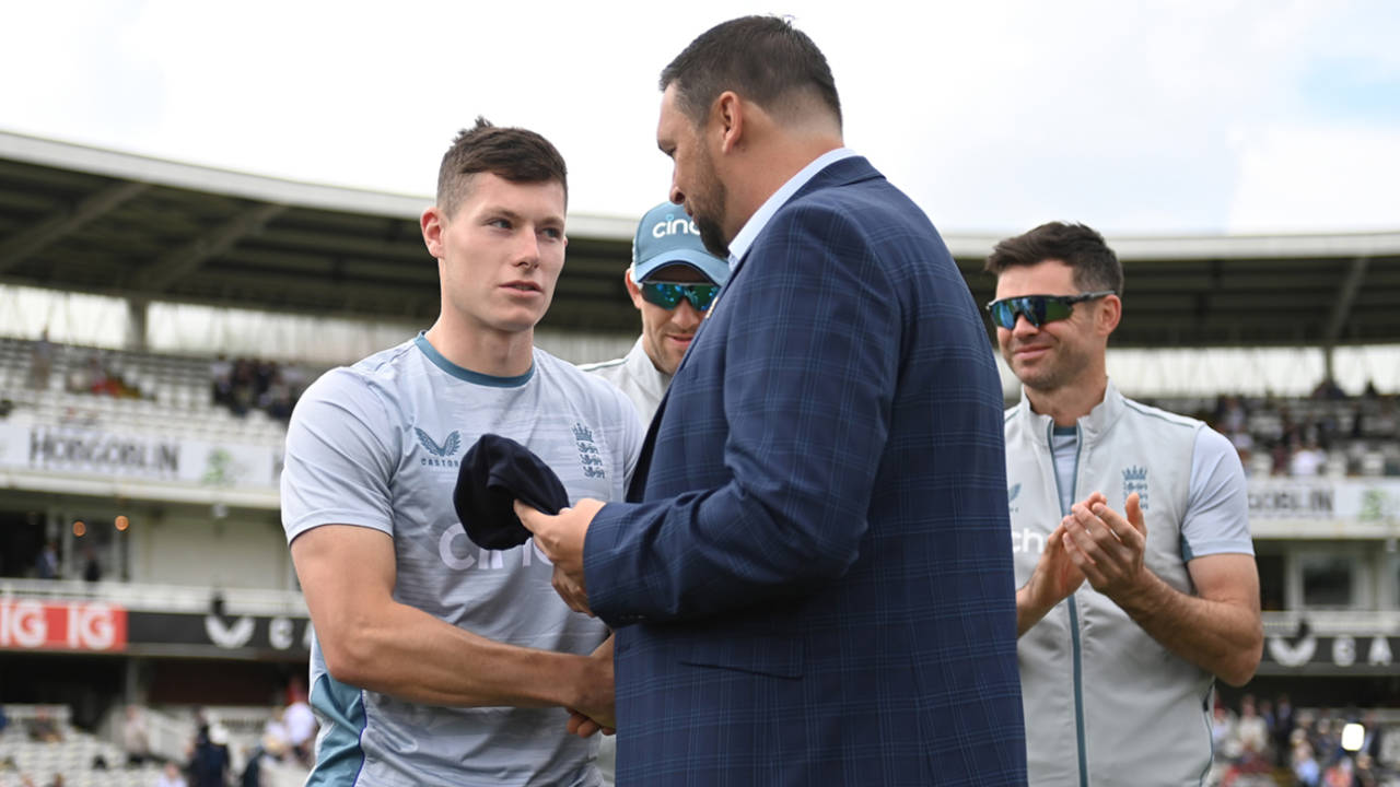 Steve Harmison presented Matthew Potts with his cap, England vs New Zealand, 1st Test, Day 1, Lord's, June 2, 2022