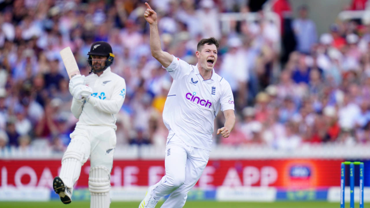 Debutant Matthew Potts is pumped up after bagging Daryl Mitchell to leave New Zealand five-down for next to nothing, England vs New Zealand, 1st Test, Day 1, Lord's, June 2, 2022