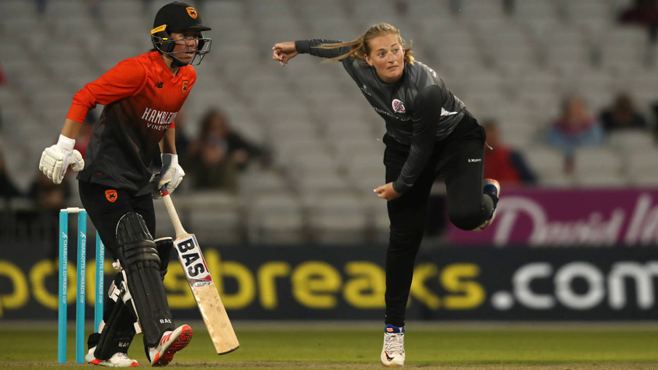 Sophie Ecclestone drives through the crease, Thunder vs Southern Vipers, Charlotte Edwards Cup, Old Trafford, June 1, 2022