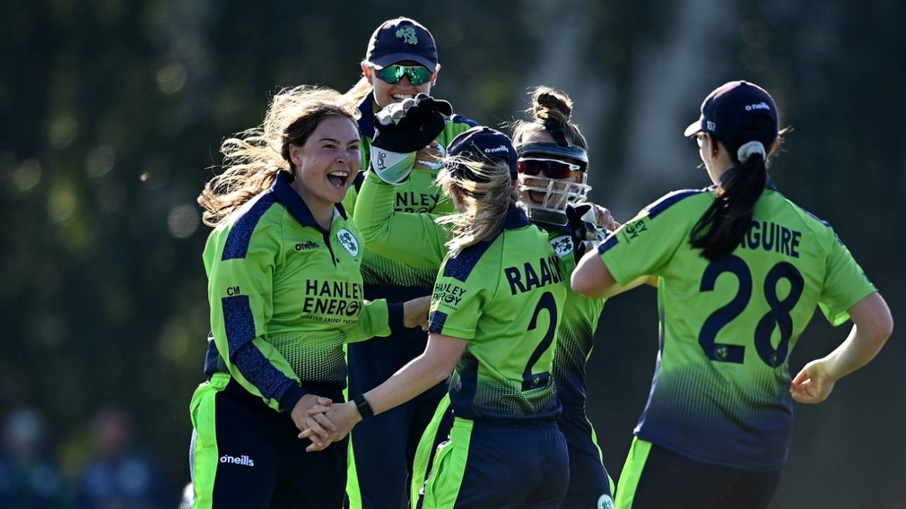 Ireland players celebrate a wicket, Ireland vs South Africa, 1st women's T20I, Dublin, June 3, 2022