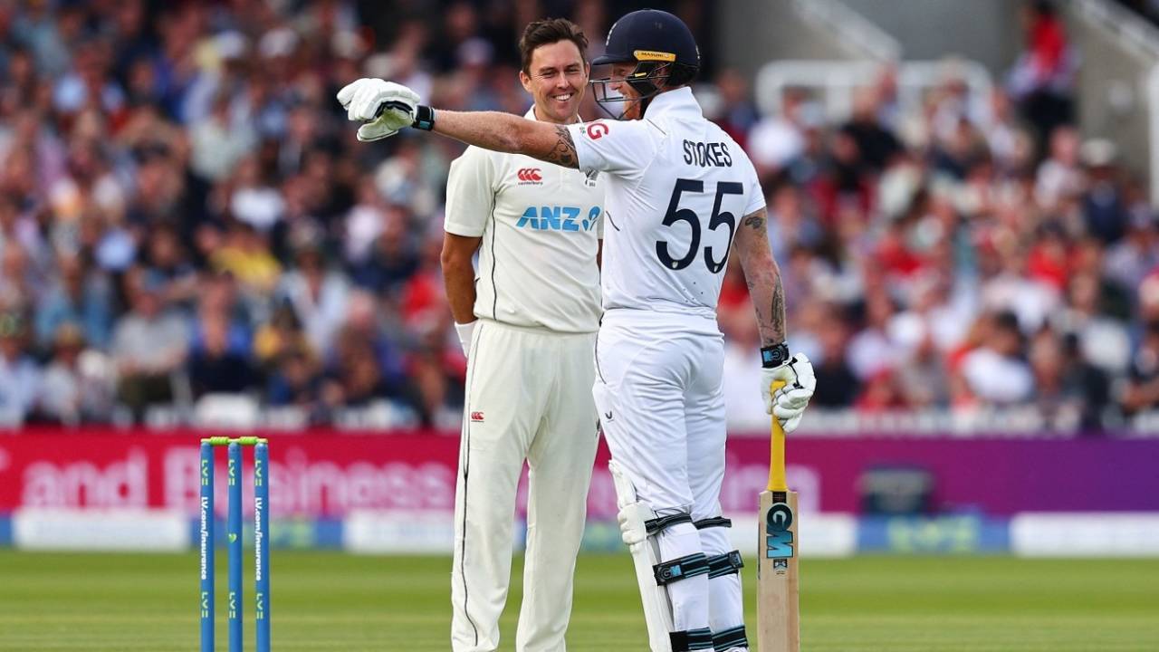 There you go! Ben Stokes and Trent Boult react after the ball ricocheted off Stokes' bat, England vs New Zealand, 1st Test, Lord's, London, 3rd day, June 4, 2022