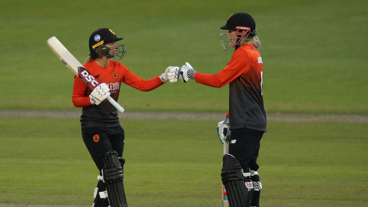 Danni Wyatt and Georgia Adams touch gloves, Charlotte Edwards Cup, Thunder vs Southern Vipers, Emirates Old Trafford, June 01, 2022