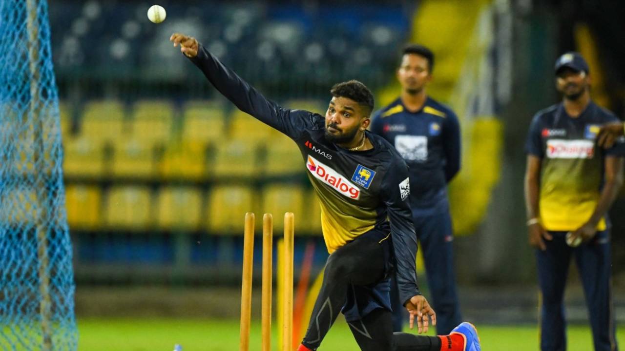 Wanindu Hasaranga uses his low-slung action during training, Colombo, June 5, 2022