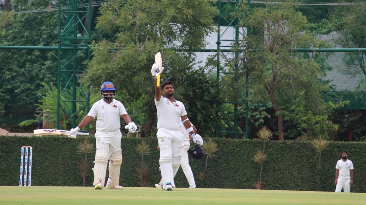 Suved Parkar celebrates after becoming just the second Mumbai batter to score a double century on debut, Mumbai vs Uttarakhand, Ranji Trophy quarter-final, 2nd day, Bengaluru, June 7, 2022
