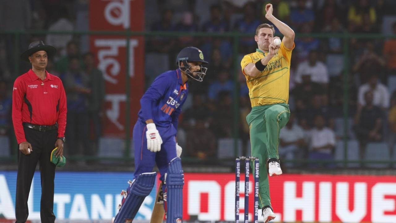 Anrich Nortje in action with Ruturaj Gaikwad at the non-striker's end, India v South Africa, 1st T20I, Delhi, June 9, 2022