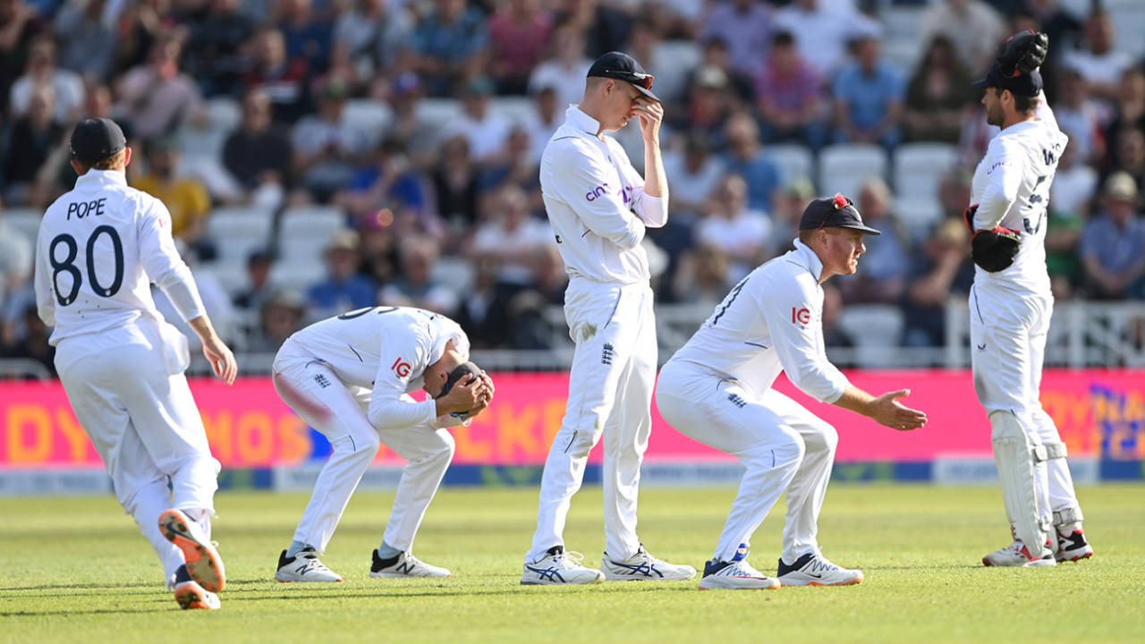 England's slip cordon react to a missed chance on a day when their attacking instincts went unsupported in the field&nbsp;&nbsp;&bull;&nbsp;&nbsp;Getty Images