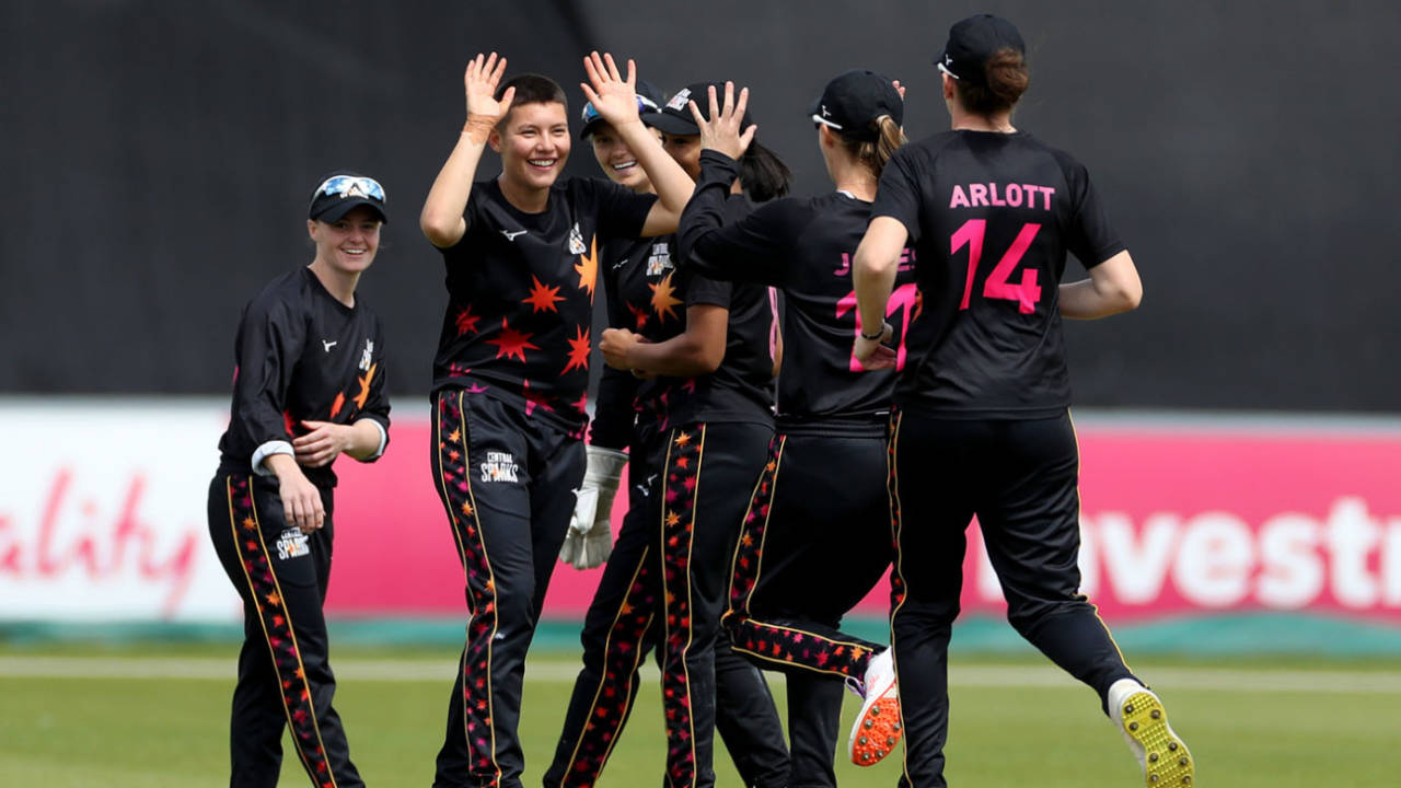 Issy Wong celebrates after bowling out Bryony Smith, Charlotte Edwards Cup, semi-final, Central Sparks vs South East Stars, Northampton, June 11, 2022