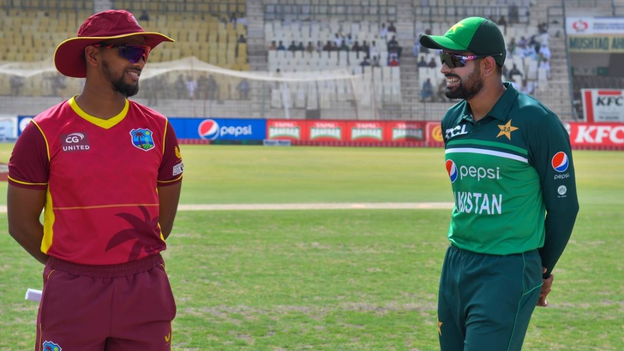 Nicholas Pooran and Babar Azam share a moment before the toss, Pakistan vs West Indies, 3rd men's ODI, Multan, June 12, 2022