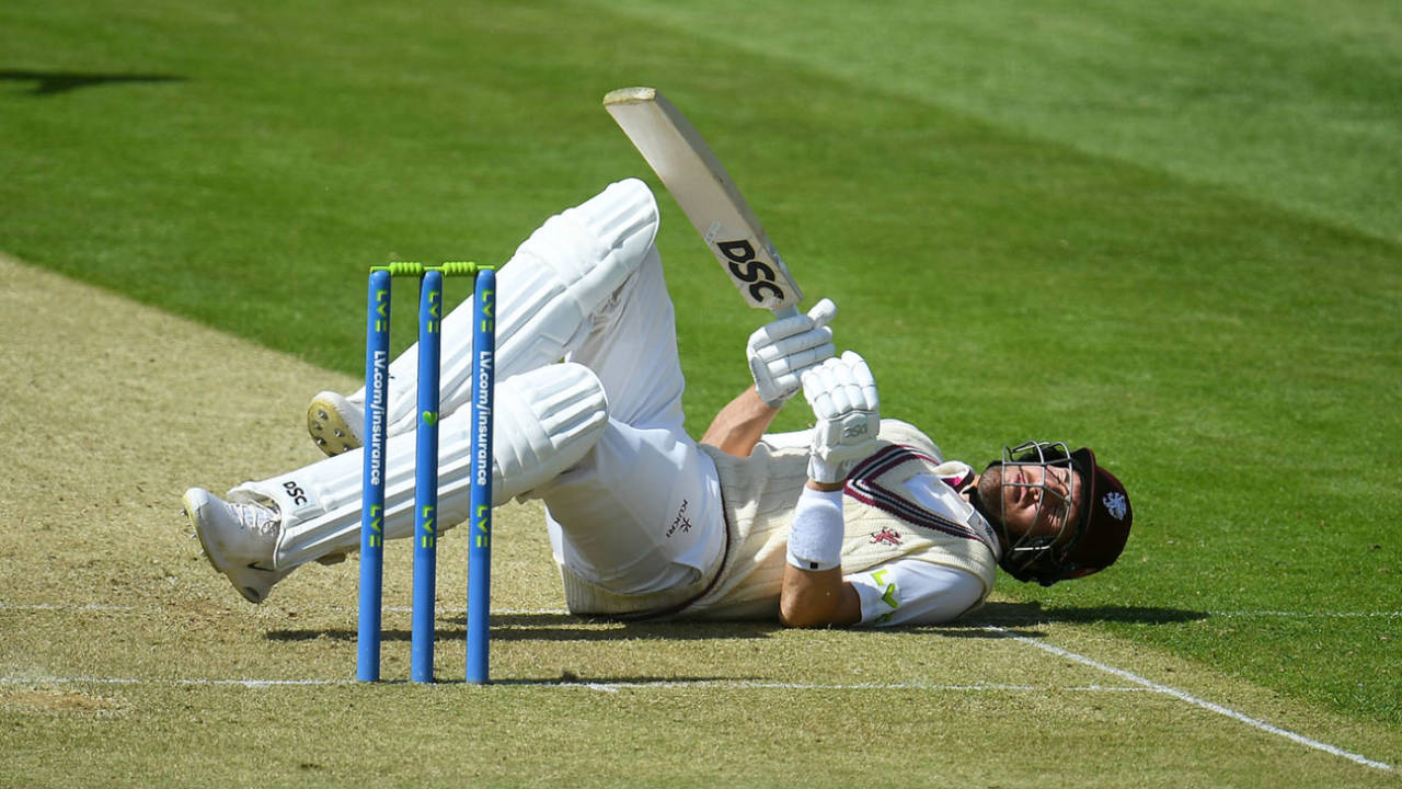 Craig Overton is hit by a bouncer from his brother, Jamie Overton, LV= Insurance County Championship, Division One, Somerset vs Surrey, day one, Taunton, June 12, 2022