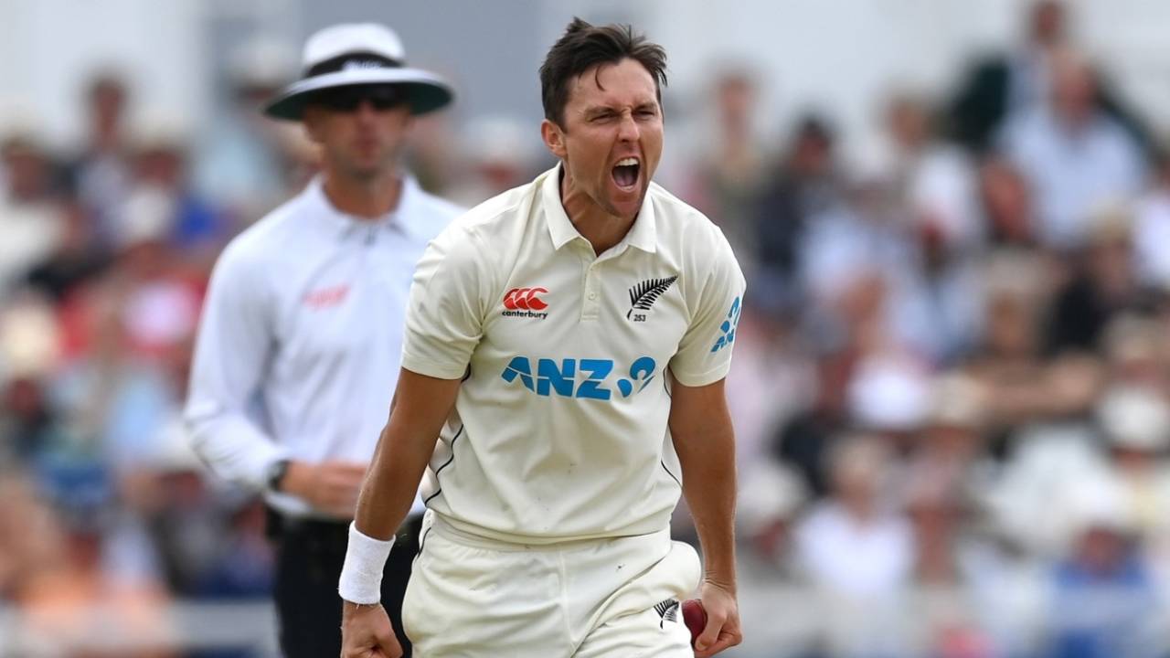 Trent Boult lets it out after dismissing an in-form Joe Root caught and bowled, England vs New Zealand, 2nd Test, Nottingham, 5th day, June 14, 2022