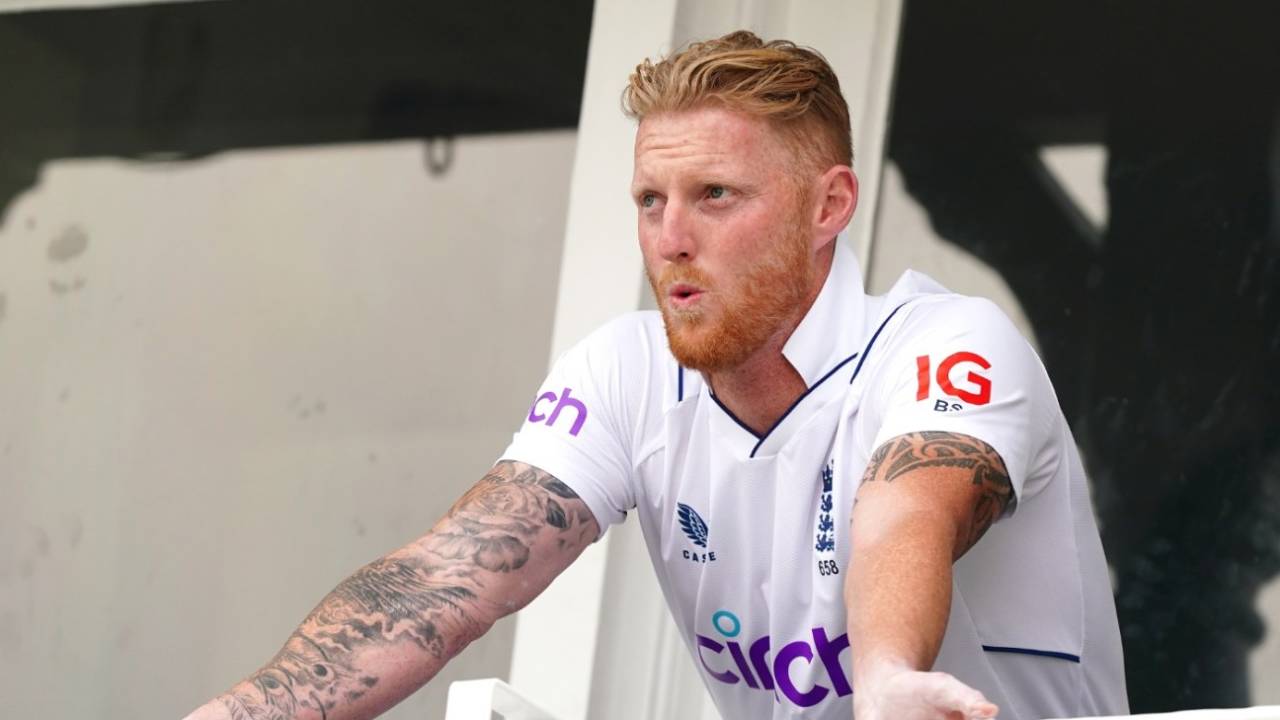 Ben Stokes looks on from the balcony during England's chase, England vs New Zealand, 2nd Test, Nottingham, 5th day, June 14, 2022