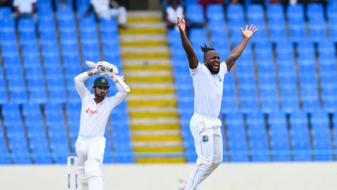 Kyle Mayers traps Nurul Hasan, who was struck on the pads after not offering a shot, West Indies vs Bangladesh, 1st Test, Antigua, Day 1, June 16, 2022