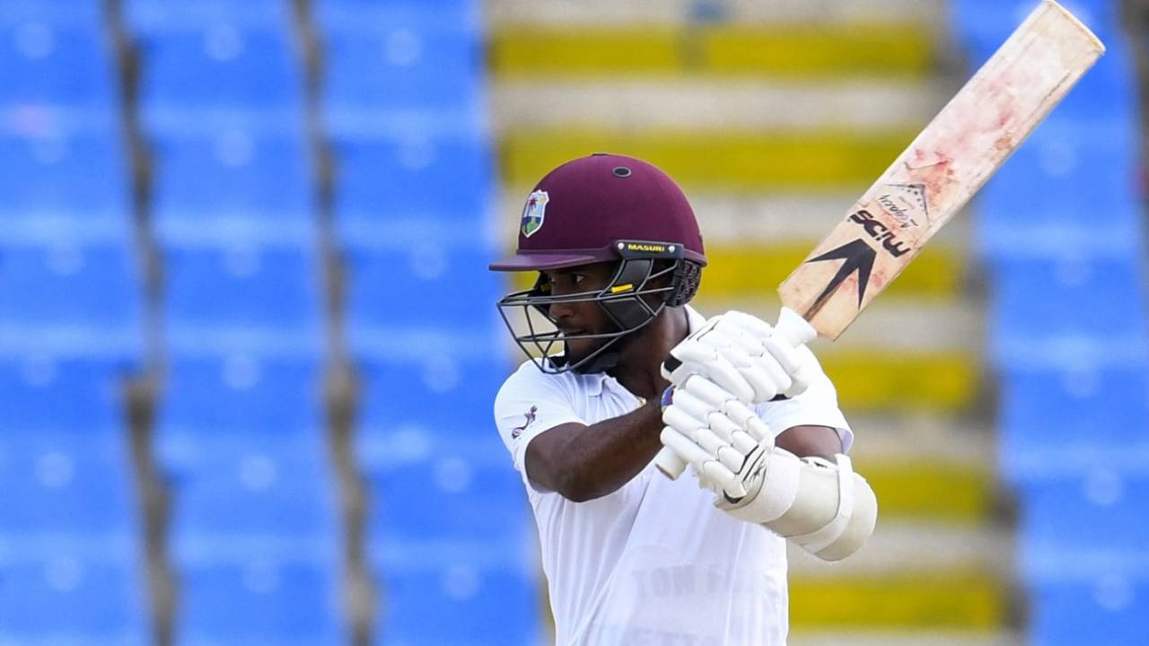 Kraigg Brathwaite cuts one through the off side, West Indies vs Bangladesh, 1st Test, 1st day, North Sound, Antigua, June 16, 2022