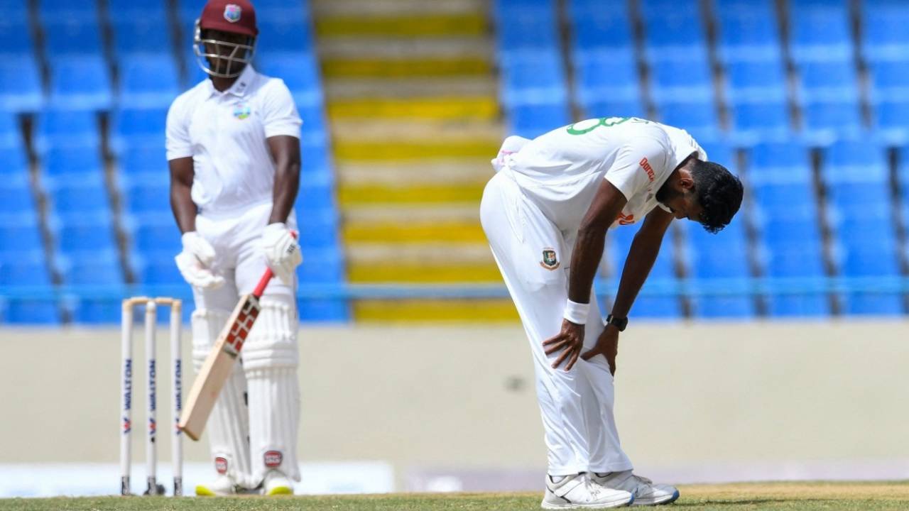 A dejected Ebadot Hossain is on his haunches after an umpire's decision goes against him, West Indies vs Bangladesh, 1st Test, Antigua, 2nd day, June 17, 2022