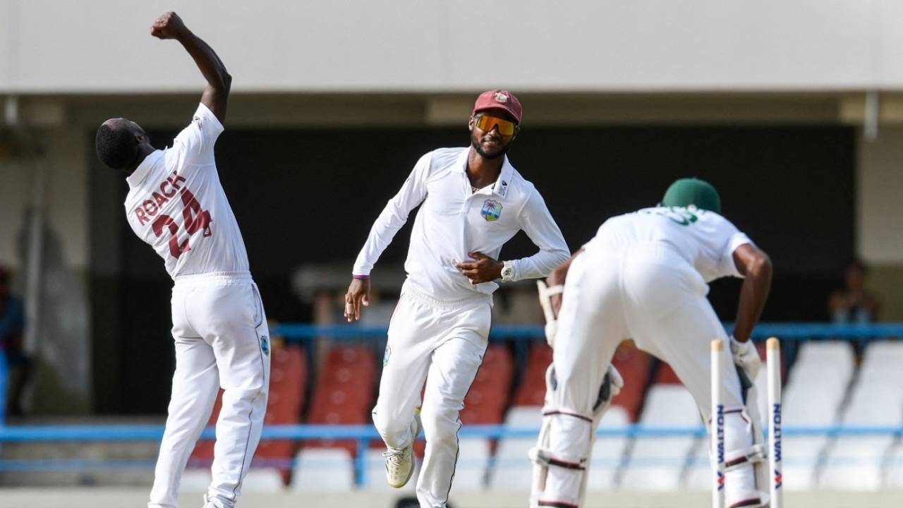 Kemar Roach exults after cleaning up Ebadot Hossain and getting his fifth wicket, West Indies vs Bangladesh, 1st Test, Antigua, 3rd day, June 18, 2022