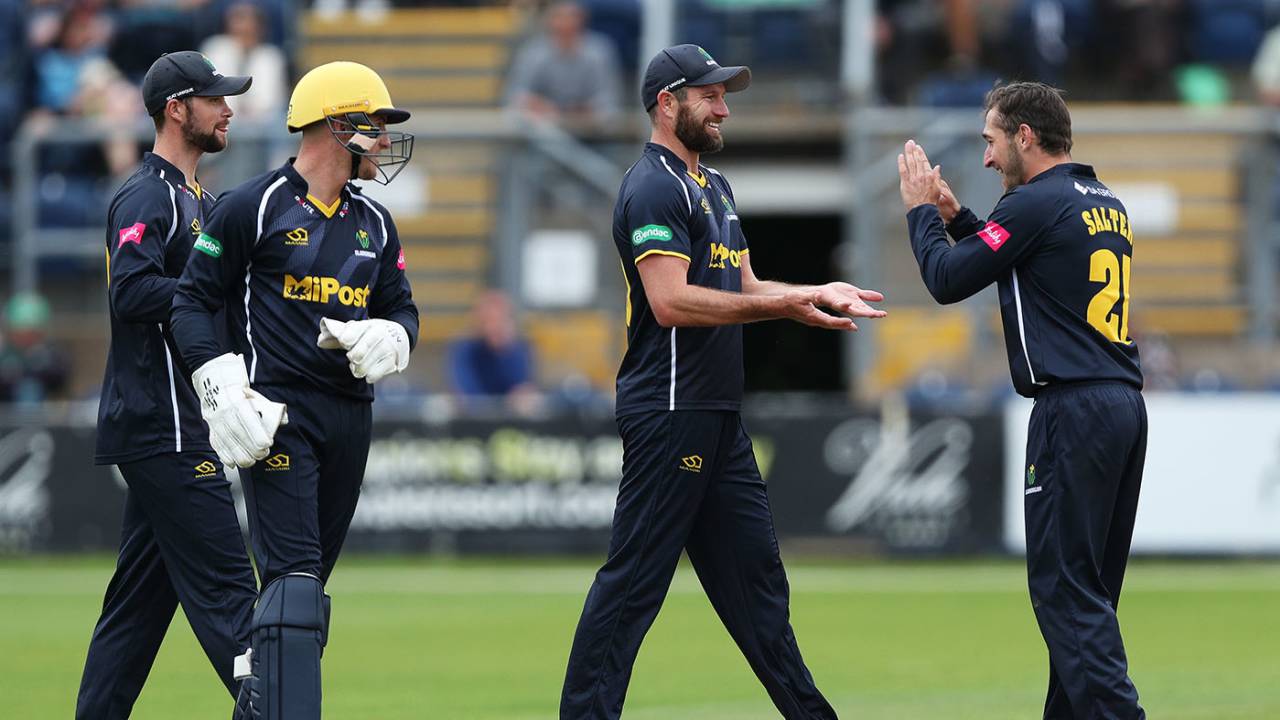 Michael Neser is congratulated by Andrew Salter after catching Tom Alsop, Vitality Blast, South Group, Glamorgan vs Sussex, Sophia Gardens on June 19, 2022
