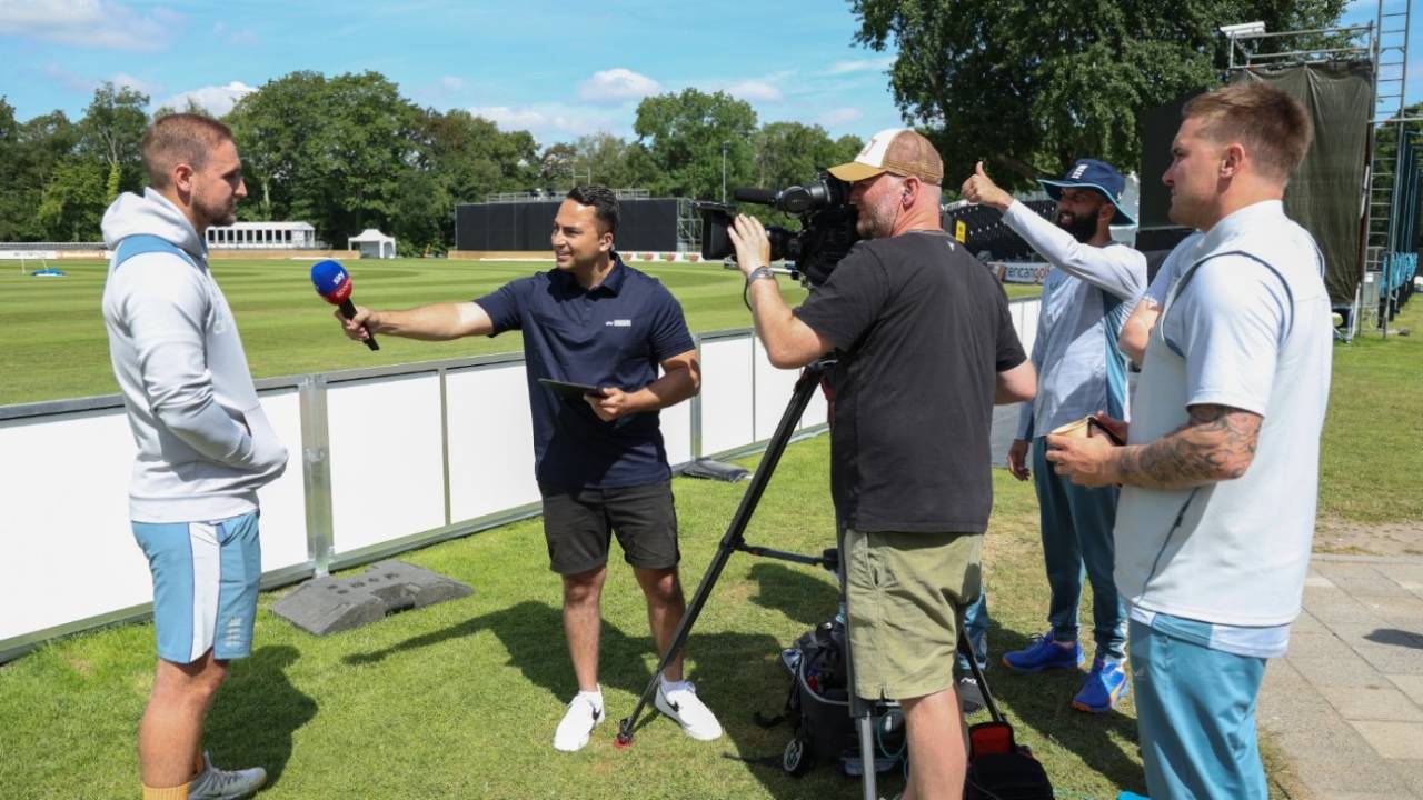 Liam Livingstone speaks to the media while Moeen Ali and Jason Roy look on, Netherlands vs England, 3rd ODI, Amstelveen, June 21, 2022