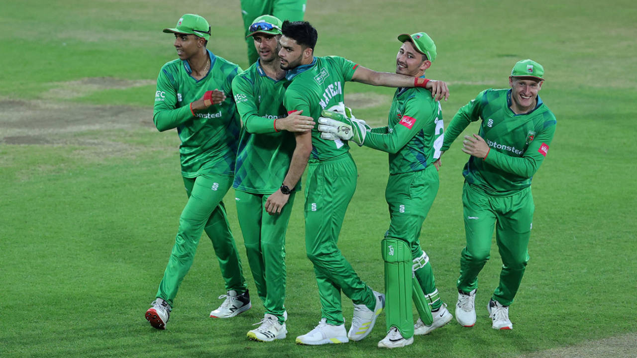 Naveen-ul-Haq is mobbed by team-mates after taking the wicket of Dane Paterson to win the match, Vitality T20 Blast, Nottinghamshire Outlaws vs Leicestershire Foxes, Trent Bridge,June 21, 2022