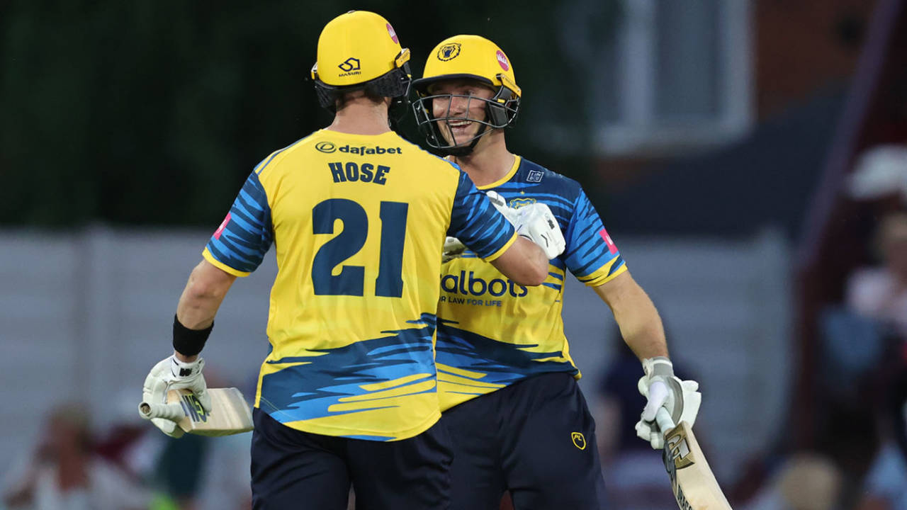 Adam Hose and Chris Benjamin celebrate victory, Vitality T20 Blast, Northamptonshire Steelbacks vs Birmingham Bears, Northampton, June 22, 2022