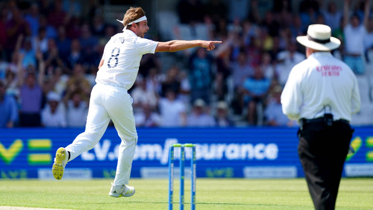 Stuart Broad wheels away after dismissing Tom Latham in his opening over&nbsp;&nbsp;&bull;&nbsp;&nbsp;PA Images via Getty Images