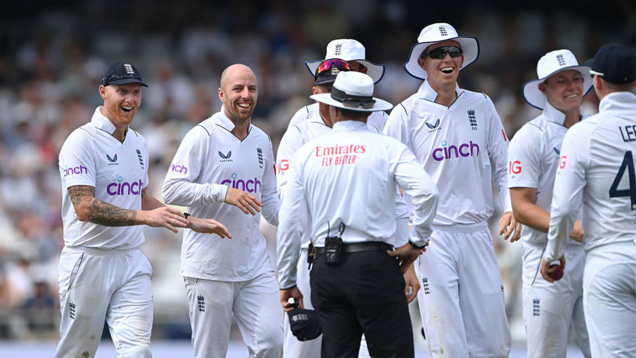 Ben Stokes and Jack Leach look on in surprise after Henry Nicholls fell to a bizarre catch by Alex Lees, England vs New Zealand, 3rd Test, Headingley, 1st day, June 23, 2022